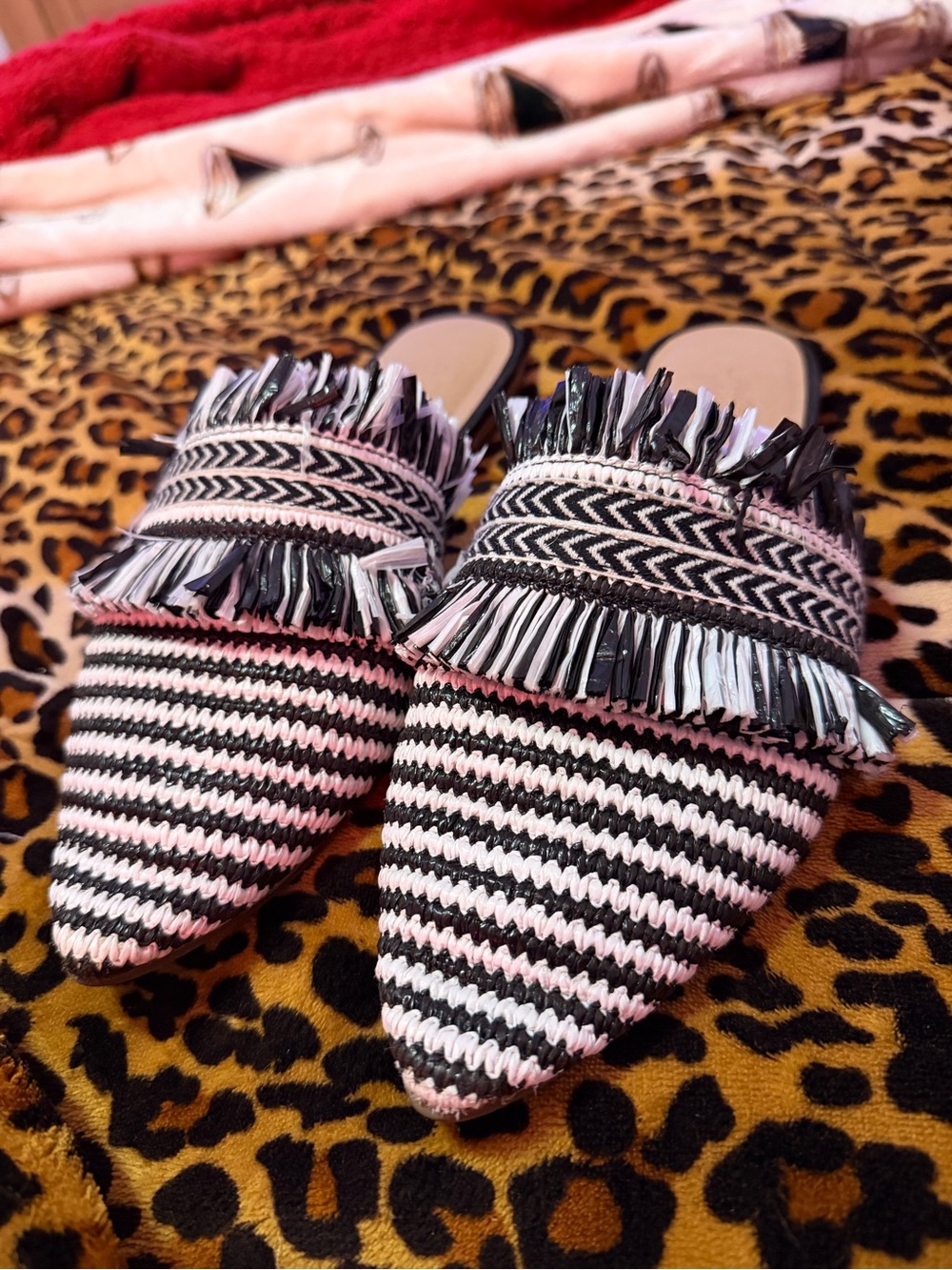 Woven Fringe Pointed-Toe Mules in Black and Pink